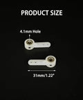 Four Pack Nylon Servo Steering Arms, 31mm long, 4.1mm hole, for RC Airplane Landing Gear Front Wheel, includes size details.