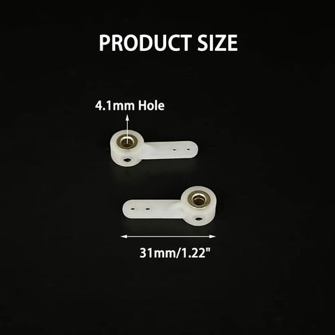 Four Pack Nylon Servo Steering Arms, 31mm long, 4.1mm hole, for RC Airplane Landing Gear Front Wheel, includes size details.