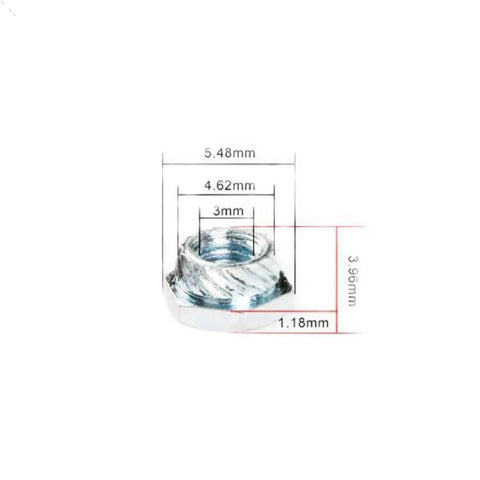Dang Solid M3 Self Clinching Nuts For Rc Drone Fpv Frames And Quadcopter Sheet Metal Fasteners with measurements on a white background.