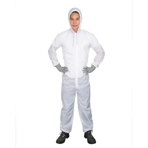 Fresh White Nylon Spray Paint Coveralls With Kickback Ready Lint Free Construction And Lowkey Comfortable Fit For Auto Body Shop Refinishing worn by a young male.