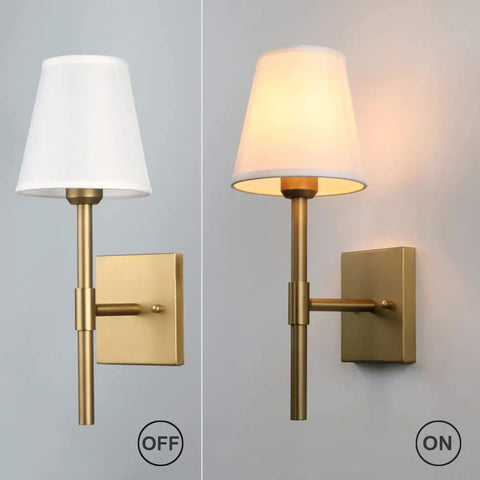 Set Of 2 Hardwired Wall Sconces With White Fabric Shade, Brass Finish Bases shown with lights off and on