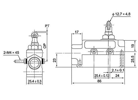 Technical diagram of Rugged 15A 250VAC Beefed-Up Limit Switch With IP65 Sealed Body, Cross Roller Plunger Actuator