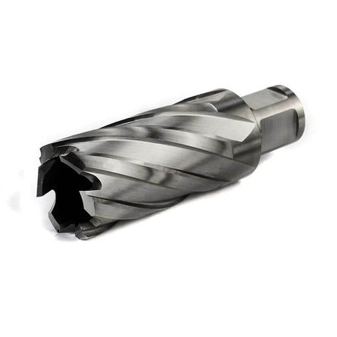 Oscarbide annular cutter with Weldon shank, 1-1/8 in cutting diameter, 2 in depth, spiral flutes