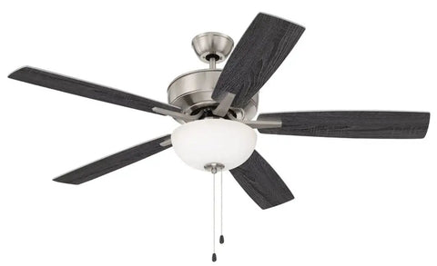 Pro Plus 52 Inch Ceiling Fan With LED Light Kit And Pull Chain, 5 Reversible Flat Black And Greywood MDF Blades, shown in living room