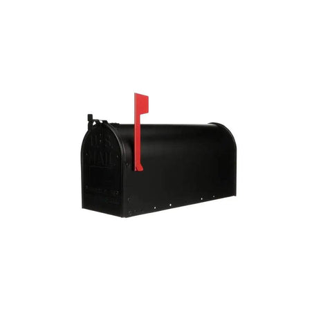 Admiral Large Post Mount Mailbox With Rust Proof Aluminum Weather Guard Door, black finish, side view with red flag up