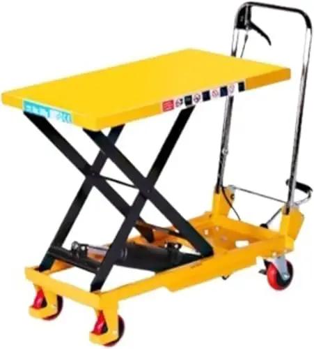 Premium Grade Badass Heavy Duty Manual Hydraulic Scissor Lift Table Cart with yellow platform and black frame for garage shop use.