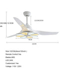 52 Inch Green Flower Ceiling Fan With Ultra Quiet Motor And Handy Remote Control Smooth Breeze Led Lamp shown with dimensions.