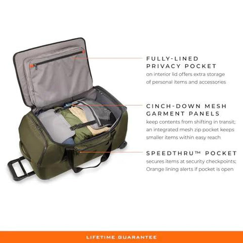 Briggs & Riley 27-inch Hunter green softside rolling luggage, opened to reveal interior pockets and compartments.