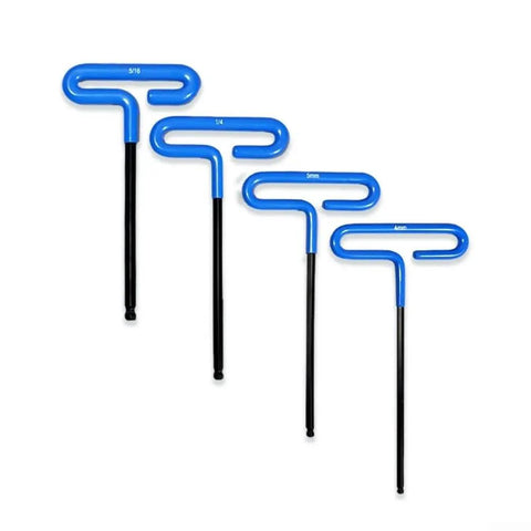 Heavy Duty T Handle Hex Key Set With Non Slip Rubber Grip For Tight Spots Includes Size 10mm Ball End Wrenches Essential Tool Kit For Cars And Mechanical Repair Jobs That Need A Durable Wrench To Get The Job Done Right. blue t-handle hex keys 5/16 to 4mm, black steel shafts