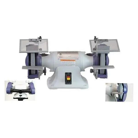 Rock Solid 6 Inch Bench Grinder With 36 60 Grit Grinding Wheel And 1 2 Inch Arbor front view showing tool for metal fabrication.