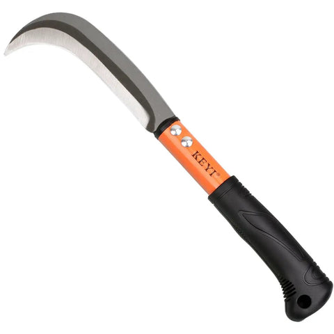 Weeding Sickle For Gardens And Lawns, Ergonomic Hand Sickle With Grip, Sharp Carbon Steel Blade, side view showing black handle.