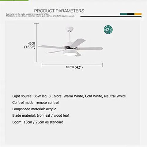 Modern Ceiling Fan With Led Light Kit And NoFuss Remote Control Bringing Smooth Airflow And Three QuickToggle Light Modes Perfect For Bedroom Living Space Or Kitchen Decor With Solid Wood Blades, showing dimensions and materials.