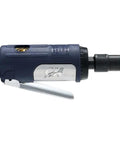 Rugged 1/4 Inch Pneumatic Die Grinder Packing Hella Fast 25000 RPM Power For Straight Up Deburring Polishing And Metal Prep Jobs At Your Local Shop Today side view with silver and blue finish.