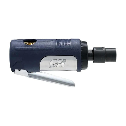 Rugged 1/4 Inch Pneumatic Die Grinder Packing Hella Fast 25000 RPM Power For Straight Up Deburring Polishing And Metal Prep Jobs At Your Local Shop Today side view with silver and blue finish.