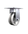 Heavy Duty Swivel Caster With 5 Inch Semi Steel Wheels And 1100 Lb Capacity Smooth Free Bearings Wide Top Plate Mount V Groove Track Ready For Tough Hauler Rigs Today, close-up view.