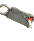 Rotary Coax Cable Stripper Cutter Tool For RG6 RG59 RG58 Quad And Dual Wire, showing adjustable depth strip on coaxial cable