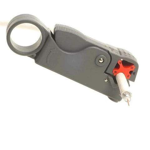 Rotary Coax Cable Stripper Cutter Tool For RG6 RG59 RG58 Quad And Dual Wire, showing adjustable depth strip on coaxial cable