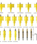 DWIKE 24-piece carbide hole saw kit with pilot bits and hex wrenches; yellow set with sizes from 1/2 to 3 inches