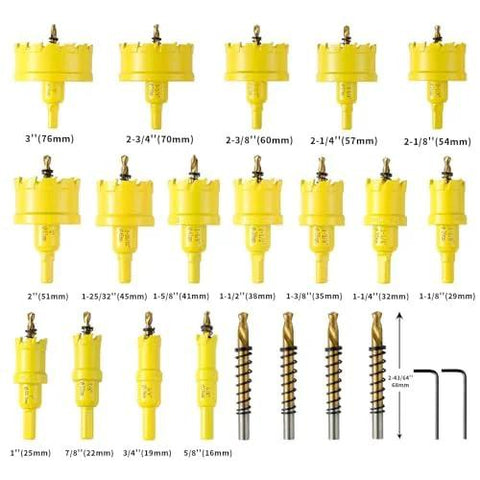 DWIKE 24-piece carbide hole saw kit with pilot bits and hex wrenches; yellow set with sizes from 1/2 to 3 inches