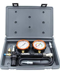 Lang Tools CLT-2 100 PSI cylinder leakage tester kit with two orange-dial gauges in a gray plastic carrying case.