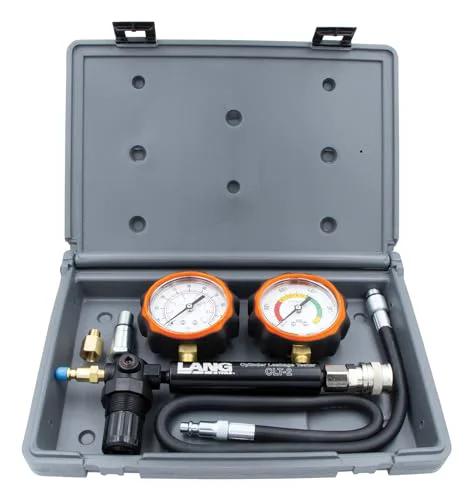 Lang Tools CLT-2 100 PSI cylinder leakage tester kit with two orange-dial gauges in a gray plastic carrying case.