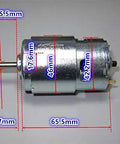 Kickin High Torque R775 Brushed DC Motor With Long Solid Axle And Heavy Duty Ball Bearings For Grass Trimmers and DIY Gear Mods dimensions labeled.