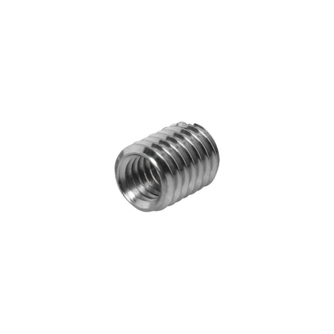 Threaded reducer sleeve, M8 male to M6 female, metal silver, angled view
