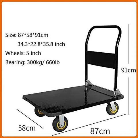 Folding Flatbed Cart With 360 Degree Swivel Wheels For Home And Garden, Heavy Duty Steel Platform Utility Dolly Workhorse With Ergonomic Handle, High Capacity Load Carrier For Auto Shop, Warehouse Or Basement Moving. 87x58x91 cm steel cart, 5-inch wheels