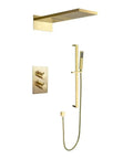 Slick Brushed Gold Wall Mount Shower System With Smooth Thermostatic Valve And Heavy Duty Square Rainfall Head and Sprayer.