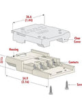 Exploded view of Non-Metallic Cable Splice Box For 12 To 14 AWG Three-Conductor Cable With Ground, housing, clear cover, screws