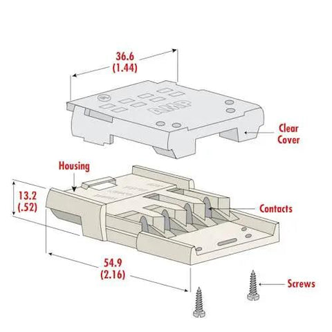Exploded view of Non-Metallic Cable Splice Box For 12 To 14 AWG Three-Conductor Cable With Ground, housing, clear cover, screws
