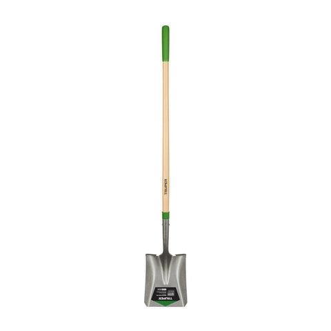 Square-Point Shovel With Mid-Size Steps, 48-Inch Wood Handle and 6-Inch Grip, Heavy-Duty 16-Gauge Blade for yard and jobsite tasks.