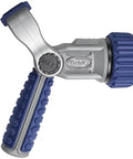 Heavy Duty Seven Pattern Firemans Hose Nozzle With Adjustable Pressure Rust Proof Yard Sprayer Tough As Nails For Garden Cleanup And Flushes Every Job Real Slick Like A Champ, silver and blue ergonomic design.