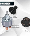 Dimensions of Two Pack Rotary Switch 4 Position 3 Speed Metal Fan Heater Speed Selector Switch 12A 250V, showing panel cutout, terminal size.