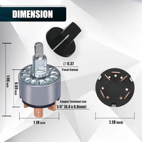 Dimensions of Two Pack Rotary Switch 4 Position 3 Speed Metal Fan Heater Speed Selector Switch 12A 250V, showing panel cutout, terminal size.