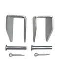 Front view of a pair of silver metal universal linear actuator mounting brackets with pins and cotter pins