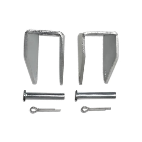 Front view of a pair of silver metal universal linear actuator mounting brackets with pins and cotter pins