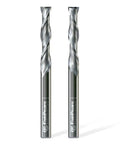 Two up and down cut spiral router bits with 1/4 inch shank and 1/4 inch cutting diameter, solid carbide, for CNC milling.