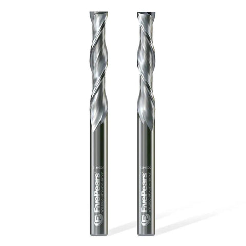 Two up and down cut spiral router bits with 1/4 inch shank and 1/4 inch cutting diameter, solid carbide, for CNC milling.