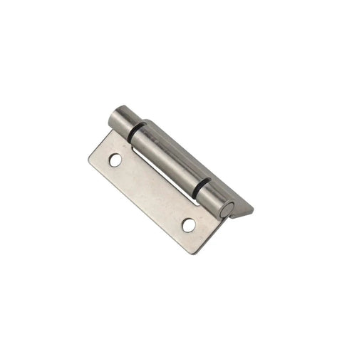 Flat torque hinge, stainless steel, with rectangular mounting plate and two screw holes.