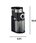 Home Barista Ready Burr Coffee Grinder With 12 Grind Settings And 8 Oz Capacity in black and stainless steel with side view