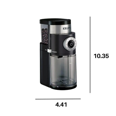 Home Barista Ready Burr Coffee Grinder With 12 Grind Settings And 8 Oz Capacity in black and stainless steel with side view