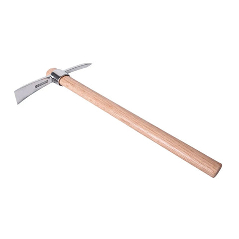 Heavy Duty Gardening Pick Axe With Wooden Handle And Stainless Steel Mattock, Sharp Pick And Cutting Edge Tool on white background