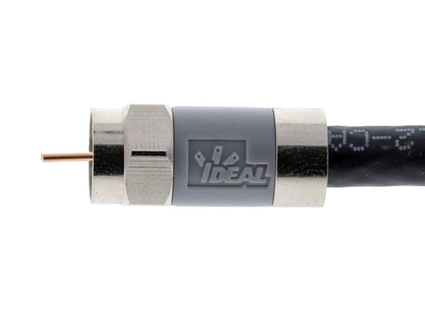 IDEAL nickel push-on F-connector on coax cable with gray insulated body and IDEAL logo