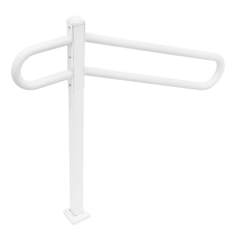 Heavy Duty Iron Wall Mounted Handrail And Outdoor Stair Railing Featuring Reinforced Frame And Non Slip Grip Built Tough For Elderly Safety And Kid Safe Support On Porch Or Steps With Rock Solid Construction, white finish, sturdy grab bar.