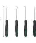 Four-piece automotive pick and hook tool set with green and black handles and metal hooks.