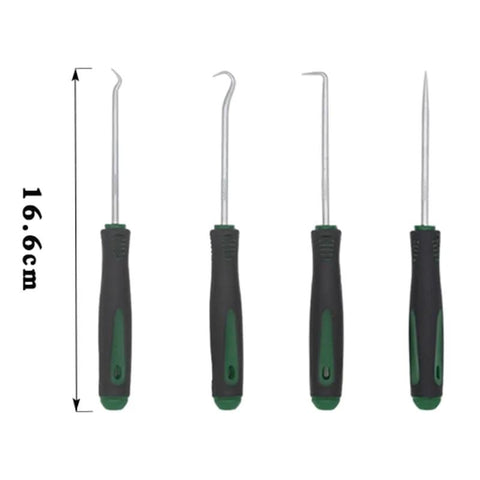 Four-piece automotive pick and hook tool set with green and black handles and metal hooks.