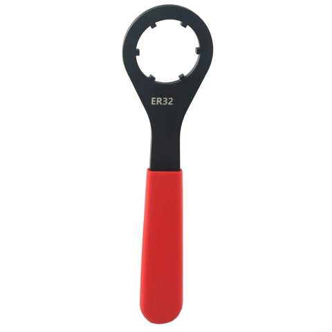 Get That ER32 Collet Chuck Wrench Spanner Tight With High Strength Steel O Type Tool For CNC Milling And Lathe Machines Red Black Finish showing handle and wrench design.