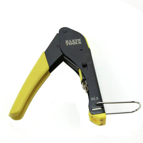 Compact F Connector Compression Crimper For DIY Cable Installations With Fixed Plunger Spring Return Comfort Grips in black and yellow
