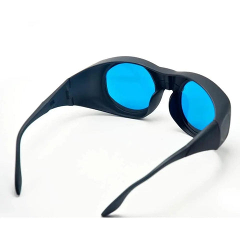 Kickbutt CE Certified IR Laser Safety Goggles With No Cap OD6 Plus Protection, side view with blue lenses for lab use.